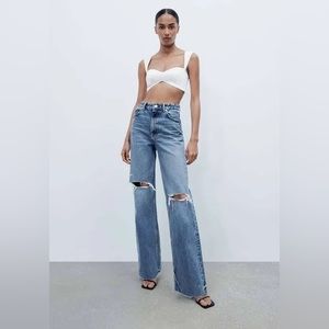 Zara High-rise Ripped Wide Leg Jeans Blue